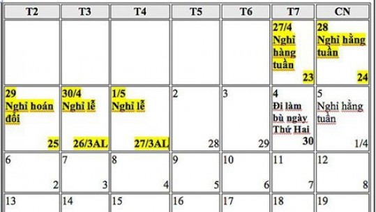 Đề xuất hoán đổi ngày nghỉ dịp Tết dương lịch, 30/4 và 1/5 năm 2019