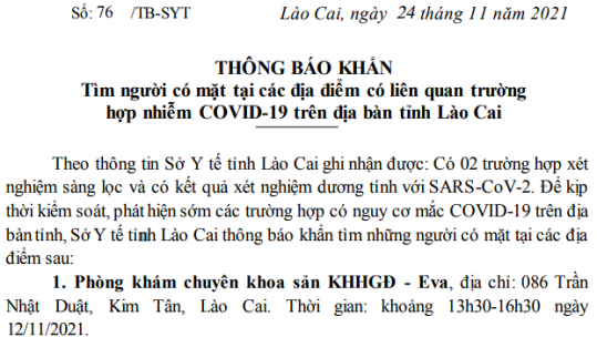 Lào Cai: 2 trường hợp có kết quả dương tính với SARS-CoV-2 sau xét nghiệm sàng lọc