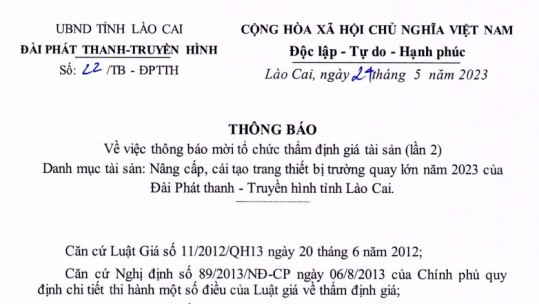 Thông báo số 22/TB-ĐPTTH về việc mời tổ chức thẩm định giá tài sản (lần 2)