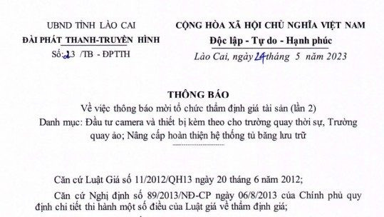 Thông báo số 23/TB-ĐPTTH về việc mời tổ chức thẩm định giá tài sản (lần 2)