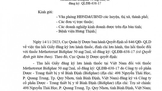 Đình chỉ lưu hành, thu hồi thuốc đối với thuốc Methotrexat Bidiphar 50 mg/2ml