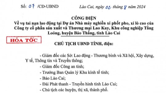 Công điện của Chủ tịch UBND tỉnh về vụ tai nạn nghiêm trọng tại Khu công nghiệp Tằng Loỏng, huyện Bảo Thắng