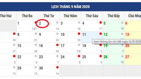 Lịch nghỉ Lễ dịp Quốc khánh 2/9/2020