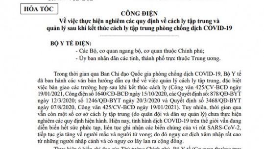 Công điện về thực hiện nghiêm các quy định cách ly tập trung và quản lý sau khi kết thúc cách ly tập trung phòng chống dịch COVID-19