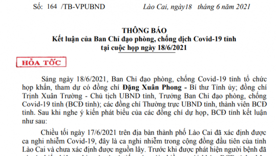 Thông báo Kết luận của BCĐ phòng, chống dịch Covid-19 tỉnh tại cuộc họp ngày 18/6/2021