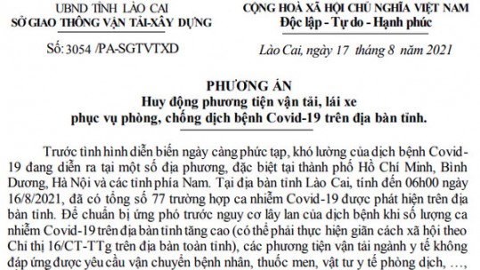 Huy động phương tiện, lái xe phục vụ phòng, chống dịch Covid-19 trên địa bàn tỉnh