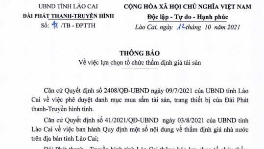 Đài PT-TH tỉnh Lào Cai thông báo lựa chọn đơn vị thẩm định giá tài sản, trang thiết bị