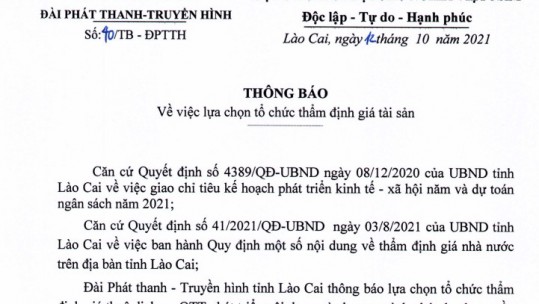 Đài PT-TH tỉnh Lào Cai thông báo lựa chọn đơn vị thẩm định giá thuê dịch vụ OTT
