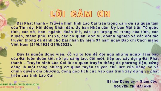 Lời cảm ơn của Đài PTTH tỉnh Lào Cai nhân kỷ niệm 97 năm Ngày Báo chí Cách mạng Việt Nam